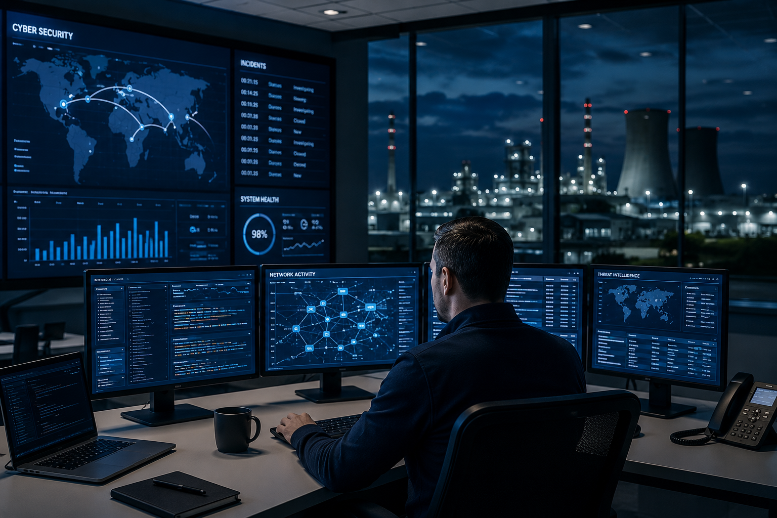 Security operations centre at night overlooking a lit industrial plant, operators monitoring incident and threat-intelligence dashboards