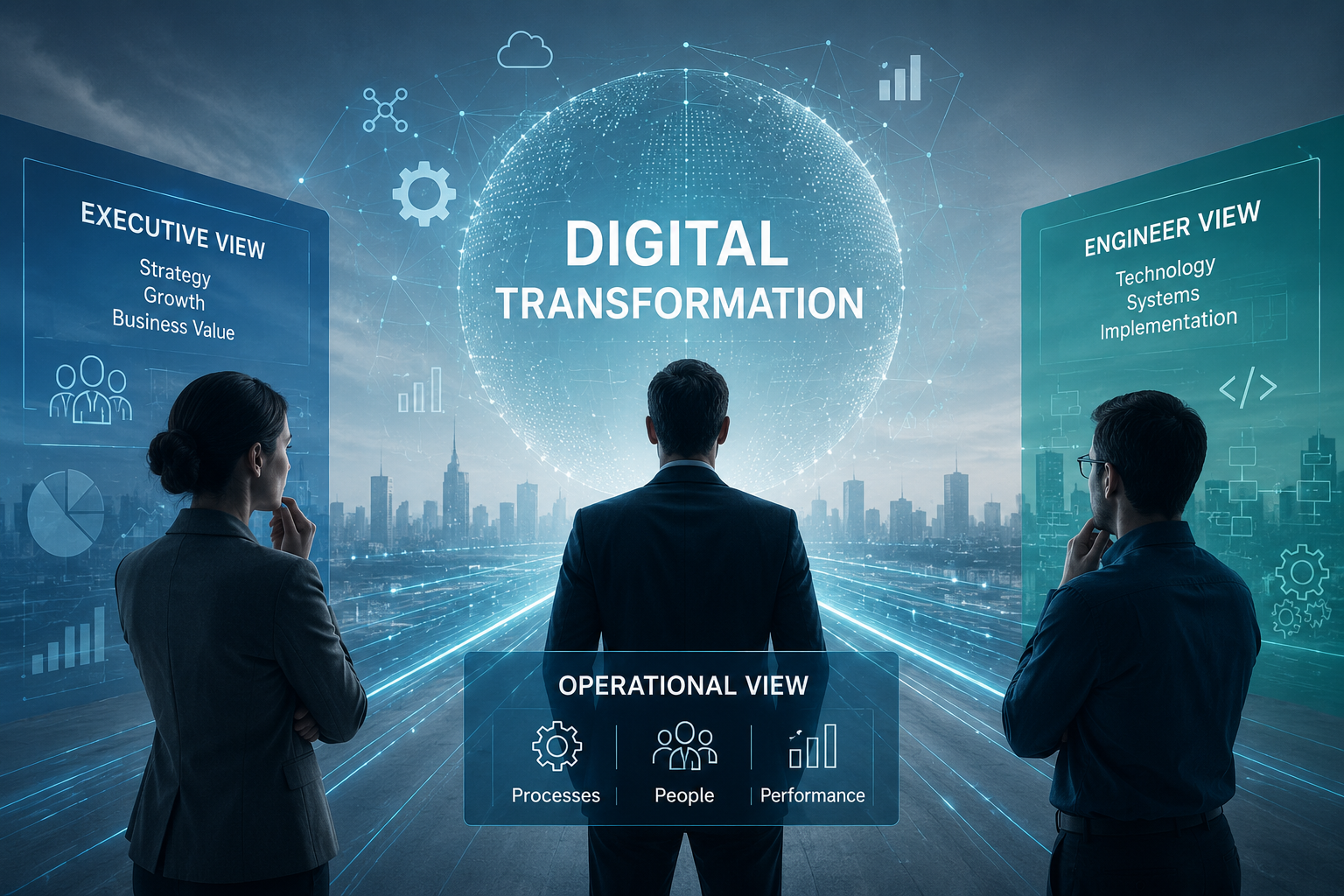 Three professionals — executive, operational and engineer — viewing a digital transformation interface