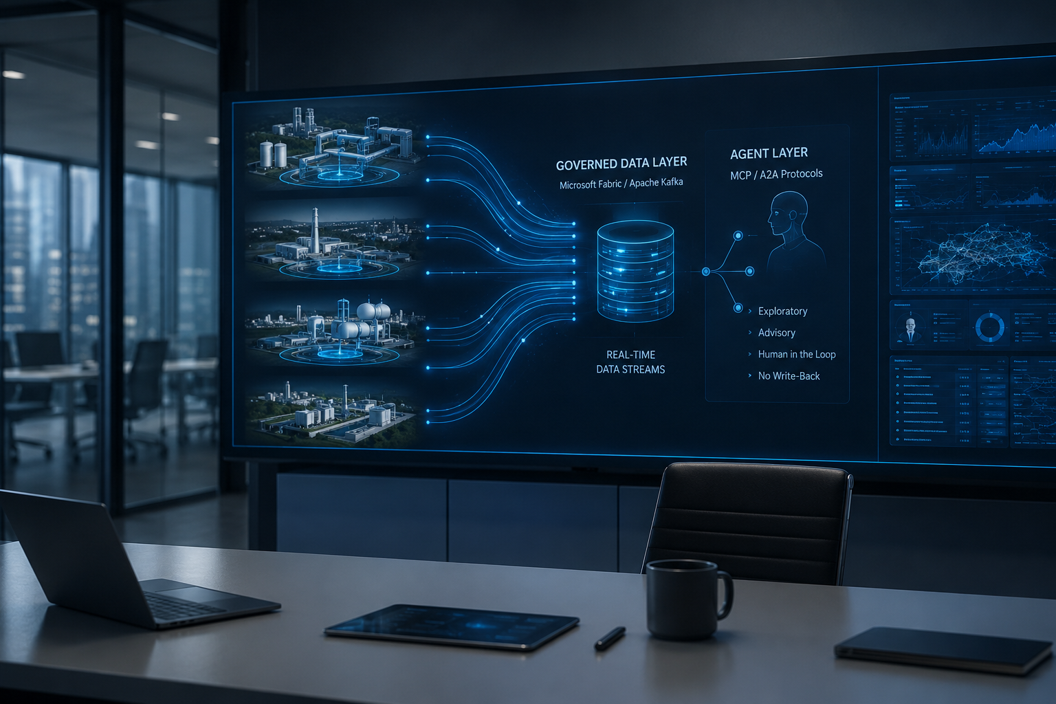 Boardroom screen showing multiple plant and network digital twins feeding a governed data layer with an agent layer above