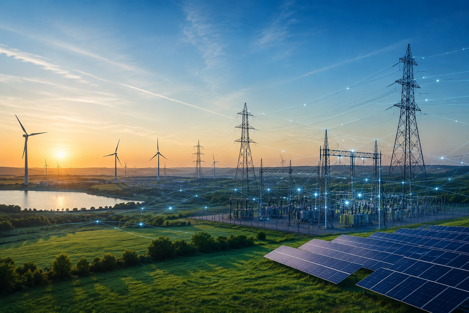 Power transmission pylons, wind turbines and solar panels at sunset