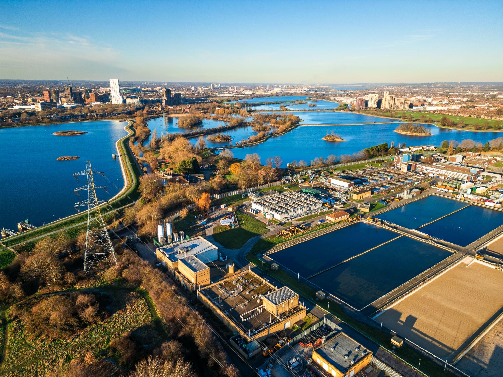 Aerial view of a UK water treatment works and reservoirs
